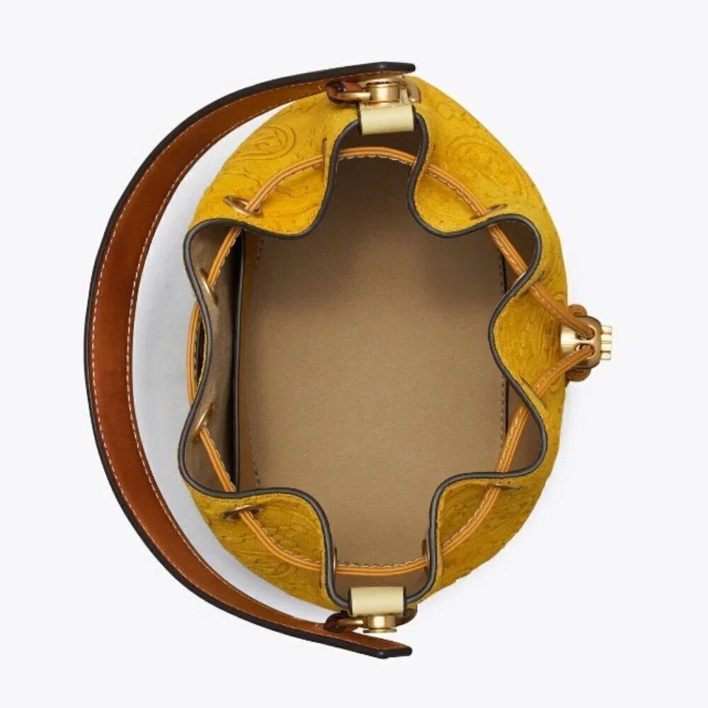 NEW! Tory Burch T-Monogram SUEDE EMBOSSED Bucket -large Claret (Deep Sunflower)